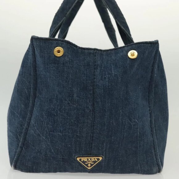 PRADA Canapa GM Hand Bag Denim Blue Gold Auth 139546 - Picture 6 of 16